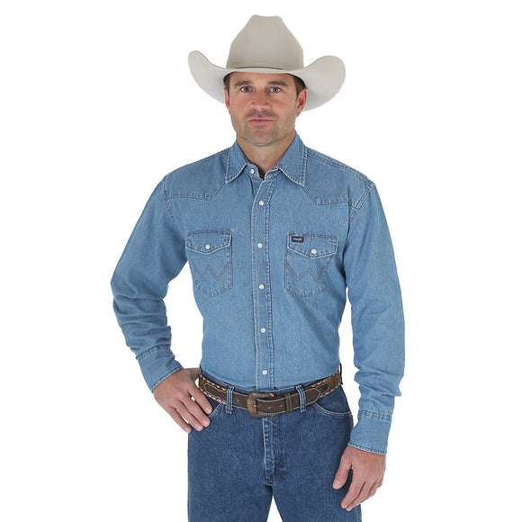 Wrangler Cowboy Cut® Work Western Long Sleeve Denim Snap Shirt (Stonewash)