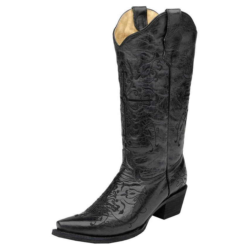 Women's Circle G Black Cross Embroidered Western Boots (Black