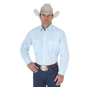 Wrangler® Western Long Sleeve Snap Dobby Shirt (Blue)