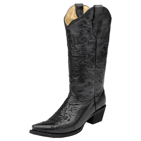Women's Circle G Black Cross Embroidered Western Boots (Black)