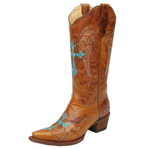 Women's Circle G Turquoise Cross Embroidered Western Boots (Cognac)